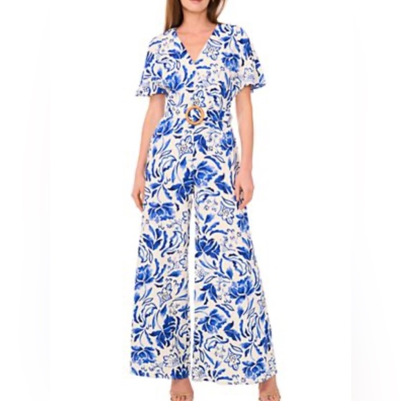 1. State Pants - 1.STATE Floral Blue and White Jumpsuit